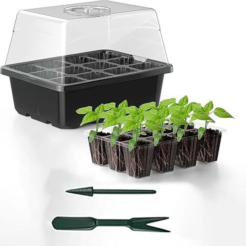 HBBursts Mini Gewächshaus, Anzuchtschalen for Setzlinge, Mit Kuppeln Zur Feuchtigkeitsregulierung, 12 Zellen Pro Schale for Setzlinge, Keimung(B(Black),10pack)