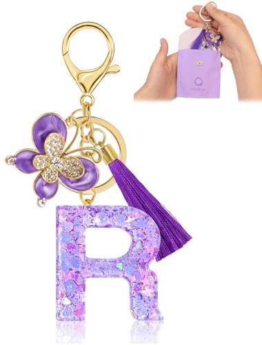 Porte-clés pour Fille Lettre, Porte-clés pour Femme avec Lettre Initiale, Alphabet Pendentif Initiale en Résine, Keyring avec Pendentif Papillon et Pampille, Cadeau pour Femme Violet-R