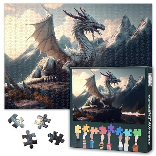 Dragon Fantasy Puzzles für Erwachsene 1000 Teile - schwer unmöglich schwierig herausfordernde Familienpuzzle, 70 x 50 cm Jigsaw Puzzles Weißer Drache, Puzzle Spiel für Frauen Home Decoration