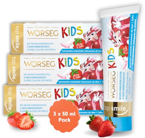 Dr. Worseg Top Smile Kids Zahngel Erdbeer-Geschmack – Zahnpasta für Kinder ab 0 Jahren – Fluorid + Calcium + Erythritol – Kariesschutz, 3 x 50ml