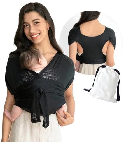 JM Elastic Baby Carrier for Newborns from Birth Extra Soft, Belly Carrier Carry Bag Ergonomic Baby Sling Baby Carrier from Birth up to 15 kg (Black)