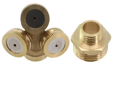 Zilimontt Ugello spray da giardino in ottone da 5,1 cm con nebulizzazione a 4 fori per raffreddamento e irrigazione esterni, compatibile con raccordi per tubi standard (3 fori)