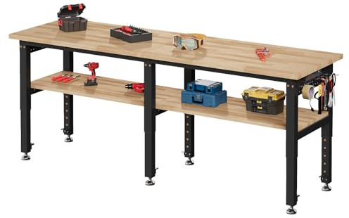 LUXOAK höhenverstellbare 2-teilige 244x61 cm Werkbank mit 4 AC-Steckdosen und 2 USB-Anschlüssen, belastbar bis 2722 kg, Massive Gummiholz-Arbeitsplatte, geeignet für Garage, Werkstatt und Büro