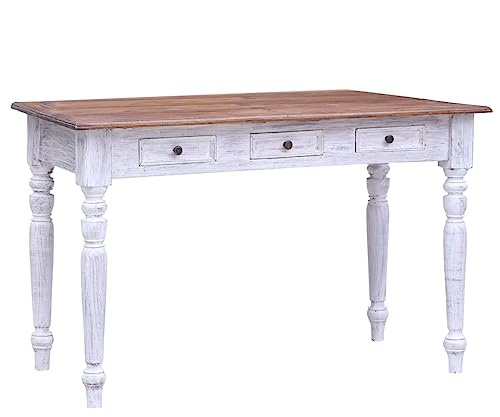 Foknhdi Bureau avec 3 tiroirs en bois recyclé massif 117 x 57 x 75 cm Blanc et naturel Bureau d'ordinateur avec espace de rangement Table de couloir Table console pour salon et bureau