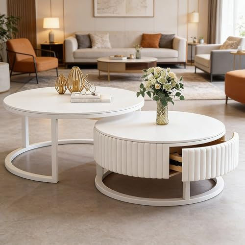JPQTRYDRIS Weiss Couchtisch Marmor 2er Set Runder Couchtisch Satztisch Sofatisch Für Wohnzimmer, 50+70cm Nesting Round Coffee Table Mit Schubladen
