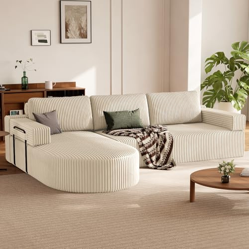 HOMRELEXA Ecksofa mit Schlaffunktion,Cord Schlafsofa L Form, Boneless Couch | Wohnlandschaft Schlafcouch mit 75cm Sitzfläche, Modulares Sofa Bed Sofabett mit Abgerundeter Chaise Longue, Beige