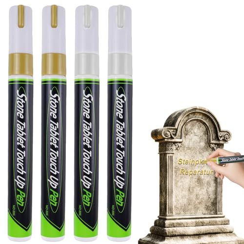 4 Stück Grabstein Marker Stift Wasserdichter Stein Aufbesserungsstift | Puwixmox Grabstein Farbe Wetterfest Schrift Stift Hohe Deckkraft für Wiederherstellen Verblasster Grabinschriften (Gold,Weiß)