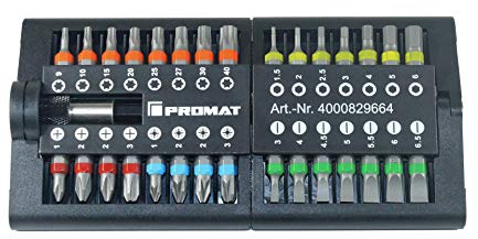 Promat Bitsortiment 31-teilig , mit Farbleitsystem und Bithalter mit Schnellwechselfutter , in praktischer klapp- und faltbarer Box