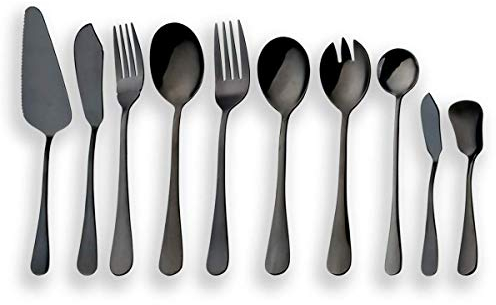 Berglander Juego de cubiertos de servir negro de acero inoxidable, juego de cubiertos, servidor de pastel, cuchillo de pescado, tenedor de pescado, cuchara de servicio, tenedor, cuchara de ensalada
