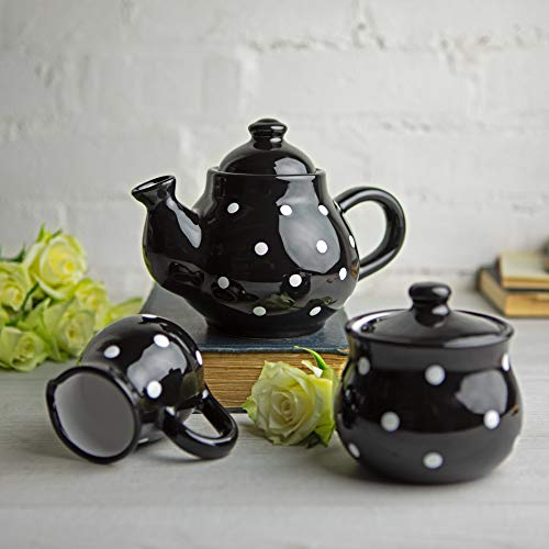 City to Cottage® Set con Teiera, Bricco del Latte e Zuccheriera | Fatto a Mano in Ceramica | Fantasia a Pois Nero e Bianco