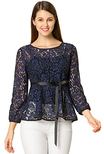 Allegra K Damen Langarm Bindegürtel Panel Spitze Peplum Top Bluse Dunkelblau XL