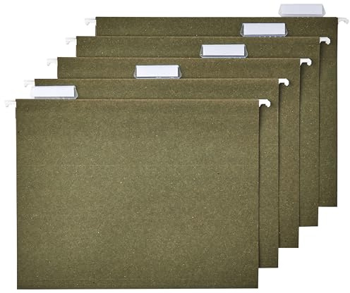 Amazon Basics Hanging File Folders for Documents, Letter Size, 1/5-Cut Adjustable Tabs, Standard Green, 75 Count per Box