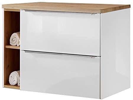 Lomadox Badezimmermöbel Waschtisch Unterschrank Set 81cm, Hochglanz weiß mit Wotaneiche, 2 Softclose-Auszüge, Regal