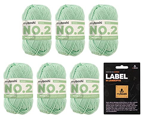 myboshi No.2 inkl. Label, Baumwolle zum Häkeln, Baby Wolle, vegane Wolle zum Stricken, Wolle 60 Grad waschbar, für Baby und Amigurumi, 50g, Ll 100m Grün (Minze), 6 Knäuel