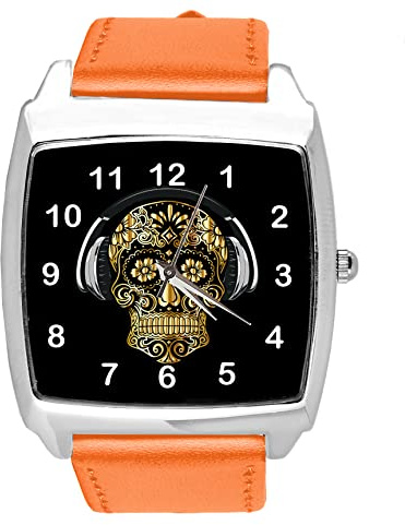 TAPORT® Quarz-Armbanduhr für Totenköpfe, Leder, quadratisch, Orange