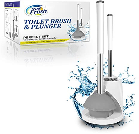 True fresh Toilet Brush & Plunger Set for Bathroom, Toilet Plunger for bathroom & Toilet Brush, 2 in 1 plunger and brush set with Holders Caddy and Stainless Steel & Plastic Handle with hidden tweezer