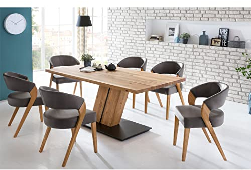expendio Tischgruppe Säulentisch Caesar 1 180x90 cm Eiche rustikal massiv schwarz + Stühle Alani 1 Bezug Hera anthrazit Varianten, Anzahl Stühle:mit 6 Stühlen