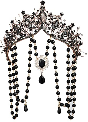 Damen Hochzeit Braut Strass Tiara Krone Prinzessin Geburtstagskrone Barock Königin Krone Stirnband mit Quaste (Schwarz-1)