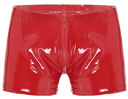 JEATHA Herren Wetlook Shorts Lackleder Boxershorts Unterhose mit Reißverschluss Latex Kurze Hose Briefs Männer Ledershorts Pants Hipster Erotik Dessous Gogo Clubwear Rot L