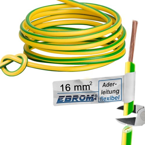 EBROM Aderleitung Erdungskabel H07V-K grün/gelb 16 mm², Ihre Länge 30 Meter | 5 bis 100 Meter - FLEX (K = flexibel feindrähtig 99,9% OFC Kupfer, Vollkupfer) 1 x 16 mm2 - Schutzleiter, Verdrahtungsleitung