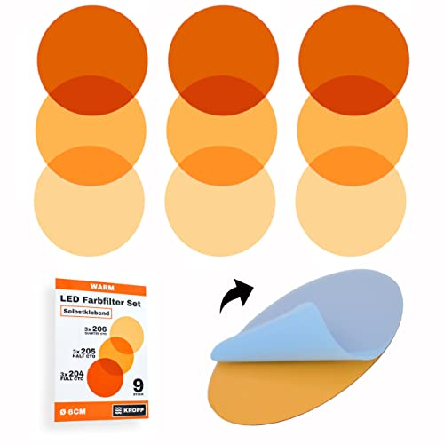 KROPP Selbstklebende Farbfolien für LED Lampen, 6 cm Kreiszuschnitt, 3 Töne Warmweiß Farbfilter zur Farbkorrektur, Tageslicht zu Glühlicht, 9 Stück