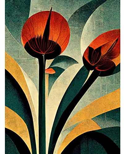 Wee Blue Coo Single Art Deco Flower Painting Coral Navy Green Beige Unframed Wall Art Print Poster Home Decor Premium