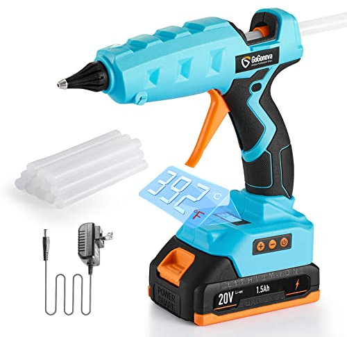 20V Temp Adjust Cordless Glue Gun, GoGonova LCD Digital Display Fast Heating Glue Gun, Accurate Dual Temp, Dripless Full Size Heavy Duty Hot Glue Gun Kit with 12 Pcs Glue Sticks (Battery Included)