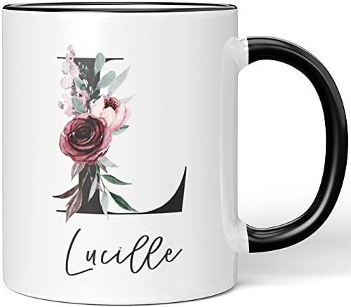 JUNIWORDS Tasse, Lucille, Name Anfangsbuchstabe Initial Alphabet Floral Buchstabe L Monogramm Motiv, Schwarz (5584065)