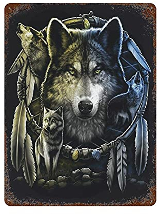 Lsjuee Wolf Mandela Dreamcatcher WolvesRetro Retro Metall Eisen Malerei Blechschild Wanddekoration Poster Aluminium Plakette für Cafe Bar Pub Home Bier Dekoration