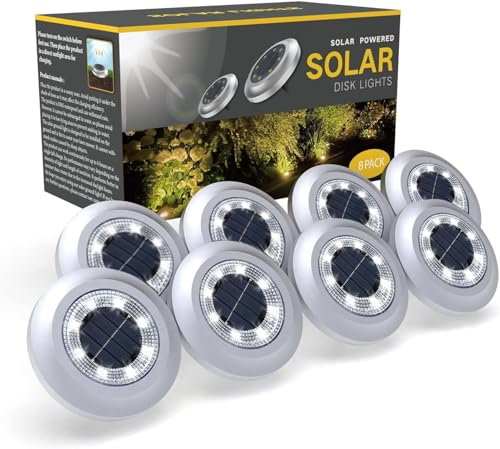 Solar Lights Outdoor Garden,600mAh Solar Ground Lights, 8 LED Solar Disk Lights for Garden Lawn Pathway Yard Landscape Walkway(8 Pack Bright White) 