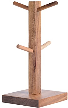 Cup Drying Rack, Mugs Holder Cup Drain Rack, Wood 4 Cups Hooks Drying Holder Tree Stand, Mugs Organizer for Kitchen Countertop