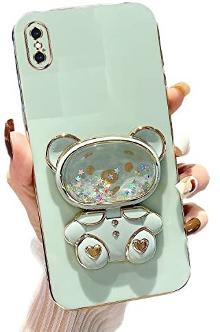 Rnrieyta Miagon Bär Spiegel Ständer Hülle für iPhone XS Max,Cute Mädchen Dünn Treibsand Glitzer Galvanisierte Schutzhülle Weiches Case Bumper mit Spiegel Halter Kickständer