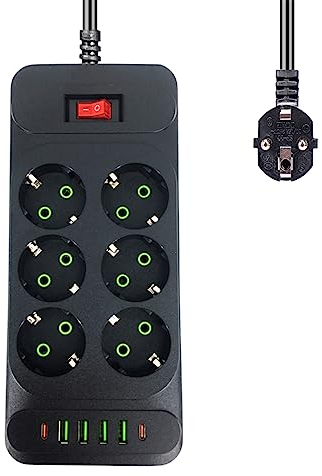 Enchufes USB con 6 Toma de Corriente 2500W,Alargador Enchufe con Interruptor y 4 Puertos USB A + 2USB C Estación de Carga Inteligente Tomas Alargadora con Cable 5.9FT-para El Hogar, La Oficina
