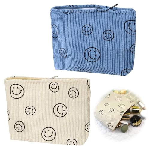 2 Stück Kulturbeutel Damen, Kordsamt Kosmetiktasche mit Lächeln Gesicht, Multifunktionaler Reißverschluss Mäppchen Makeup Schminktasche, Groß Kapazität Kosmetiktasche Damen - Weiß+Blau