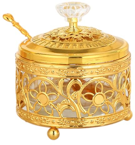 Sucrier rétro avec Couvercle, sucrier européen avec Couvercle et cuillère, Pot à épices en Verre en Relief en métal, Porte-Bonbons, récipient à Sucre-Or-B (Color : Gold, Size : A)