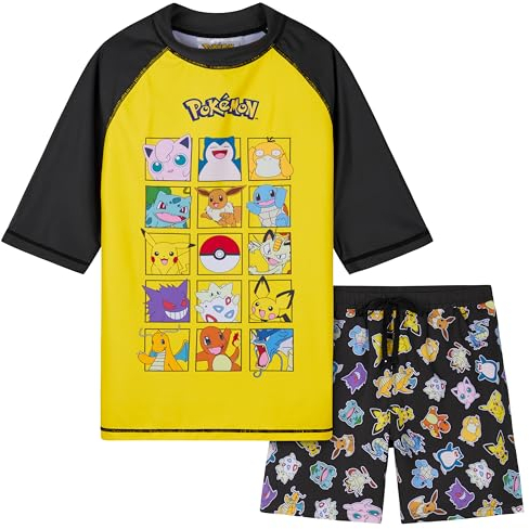 Pokémon Maillot de Bain Enfant, 2 Pcs Rashguard Manches Courtes et Short de Bain (7-8 Ans, Jaune/Noir)