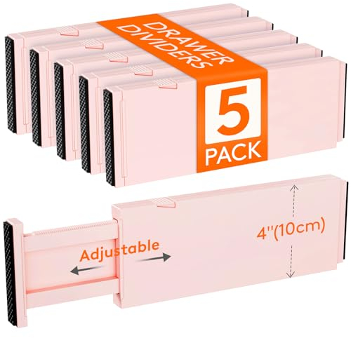 Lifewit 5 Pack Drawer Dividers Plastic 4 High, 11-17 Adjustable Drawer Organisers for Clothes, Expandable Dresser Separators in Bedroom/Bathroom/Kitchen/Office Organization and Storage, Pink