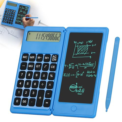 Taschenrechner mit 6-Zoll-Schreibblock 10-stelliger Faltbarer Taschenrechner mit Solarbatterie Professioneller tragbarer ultradünner Tischrechner Notizblock für Schüler, Lehrer, Ingenieure... (Blau)