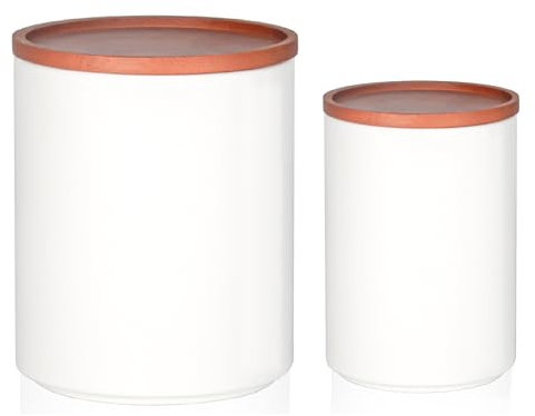HASAYAKI Pots de conservation, lot de 2 boîtes empilables en céramique 800/1900 ml pour café, thé, sucre, farine de céréales et épices avec couvercles hermétiques en bambou, 1C1819CW_Blanc