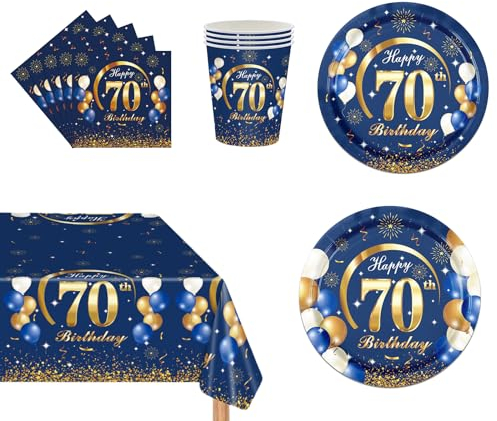69Pcs Navy Blue Gold 70th Birthday Party Tableware, Blue 70th Birthday Tableware Set with Paper Plates,Napkins Serviette,70th Table Cloth,Paper Cups for Women Men Birthday Party Table Decorations