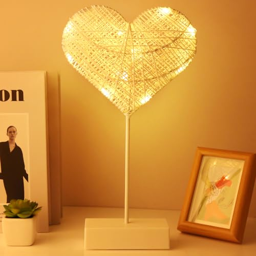 Aubess Lampada da tavolo a forma di cuore, in rattan intrecciato, lampada da tavolo a LED, lampada da comodino, lampada da tavolo, a forma di amore, per San Valentino, matrimoni, bambini, bianco caldo