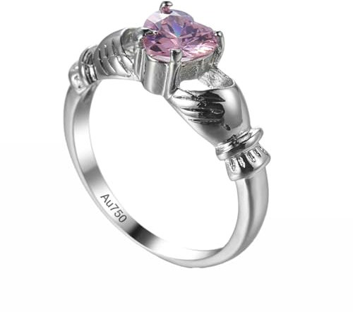 AMDXD Pärchen Ringe 750 Weiß Gold, Rosa rosa Kristall Claddagh-Hand Hochzeitsring, Freundschaftsringe 18K Echter Schmuck, Gr.49 (15.6)