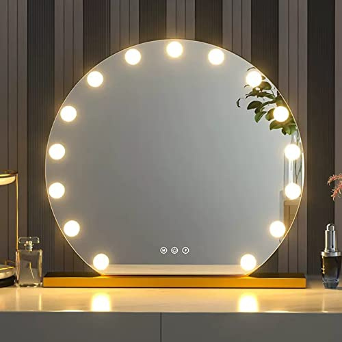 Tischspiegel mit LED-Licht, Schminkspiegel, Tischspiegel, Spiegel mit Glühbirne, runder Schminkspiegel, Touchscreenschalter, dreifarbige Lichtquelle, Gold, 40 cm, 50 cm, 60 cm (Farbe: