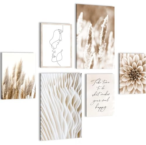Novart Wandbilder Set Boho Pampasgras Beige - KEIN EXTRA RAHMEN BENÖTIGT - Modern Deko - Wohnzimmer Schlafzimmer N013367a