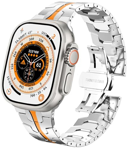 DEALELE Strap Compatible with Apple Watch 41mm 40mm 38mm, Thin Iron Man Stainless Steel Metal Replacement Bands for iWatch Series 9/8 / 7/6 / 5/4 / 3 / SE Women Men, Silver-orange