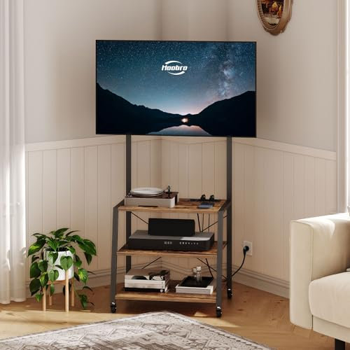 HOOBRO Rollbarer TV-Schrank mit Regalen und Steckdosenleiste, für 32-55 Zoll Bildschirme, Unterhaltungszentrum, TV-Ständer für Wohnzimmer, Schlafzimmer, rustikales Braun und Schwarz EBF66CDS01