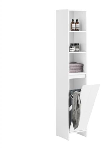 SoBuy Hochschrank Badschrank mit Wäschesack Wäscheschrank Badezimmer Schrank Badregal Badezimmerschrank Badezimmermöbel Weiß BHT ca. 30x170x30cm BZR158-W