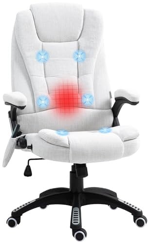 Vinsetto Office Chair, Ergonomic Desk Chair with 6-Point Massage and Back Heated, Linen-Feel Fabric Computer Gaming Chair with Arms, Lumbar Support, Cream White