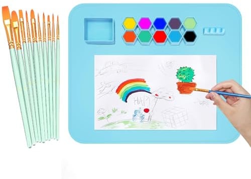 Tapis de peinture en silicone avec dix stylos de peinture, 50 x 40 cm, pliable, tapis de peinture pour enfants, pour la fabrication de peintures à l'eau, la coupe, l'argile et les projets de bricolage