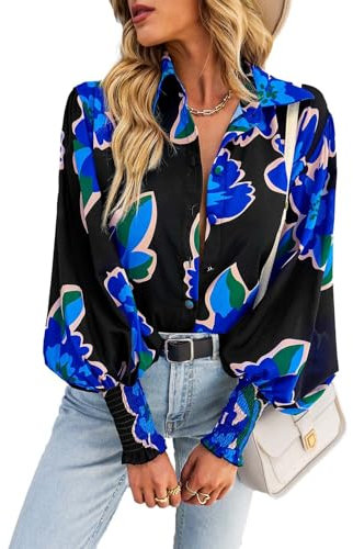 HUXRAKV Blouses for Women Dressy Casual Long Sleeve Button Down Shirts Floral Printed Fall Blouses with Lantern Sleeve Tops,WD15-Black,L
